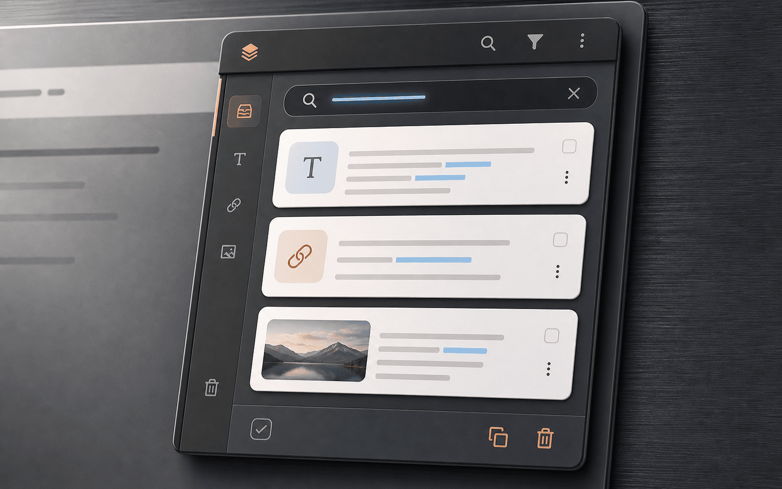 Generated Side Stash mockup showing search across saved snippets